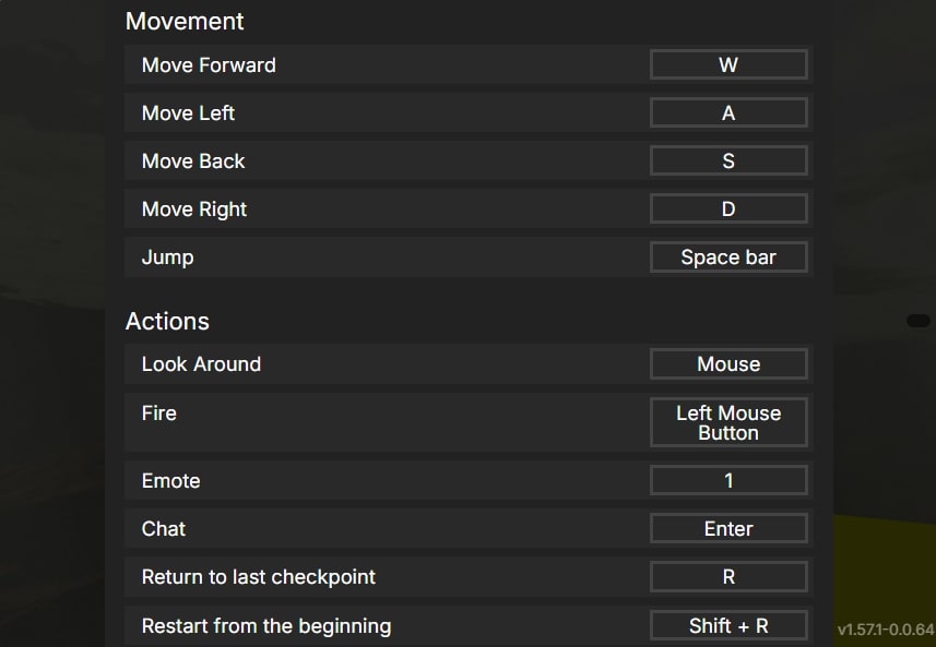 Character control key table in Rainbow Obby game at Yoplay.io