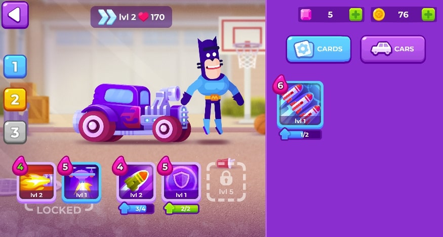 Hangcar section is where players can upgrade support items and racing cars in Mad Racers game at Yoplay.o
