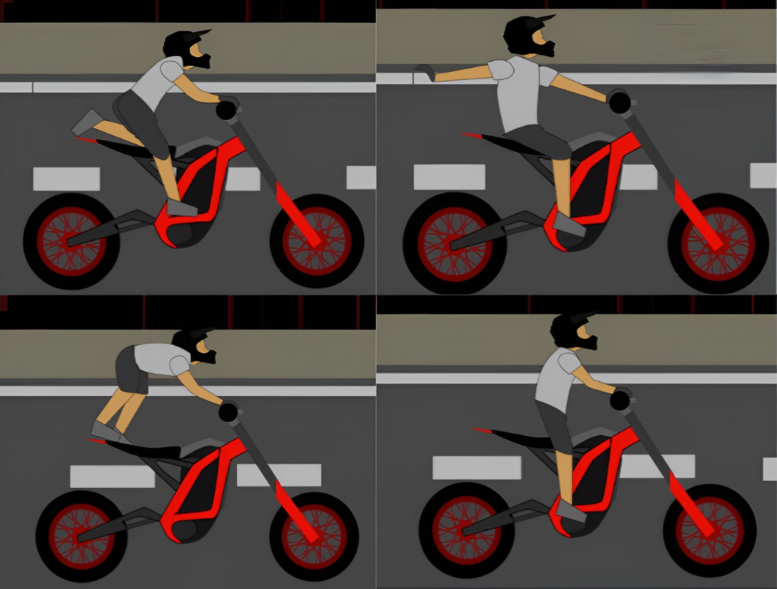 Motorcycle riding positions of the racer in the Soflo Wheelie Life game at Yoplay.io