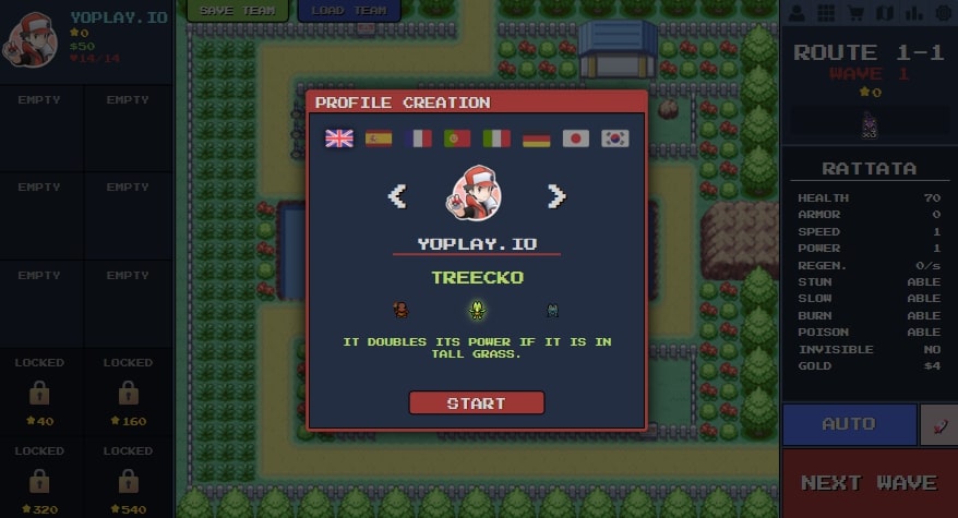 Name and choose your desired character in the Pokepath TD game at Yoplay.io