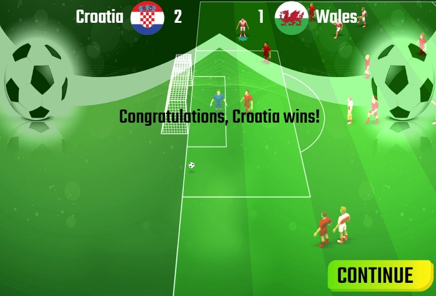 Notification screen that your team has won in Soccer Skills World Cup game on Yoplay.io