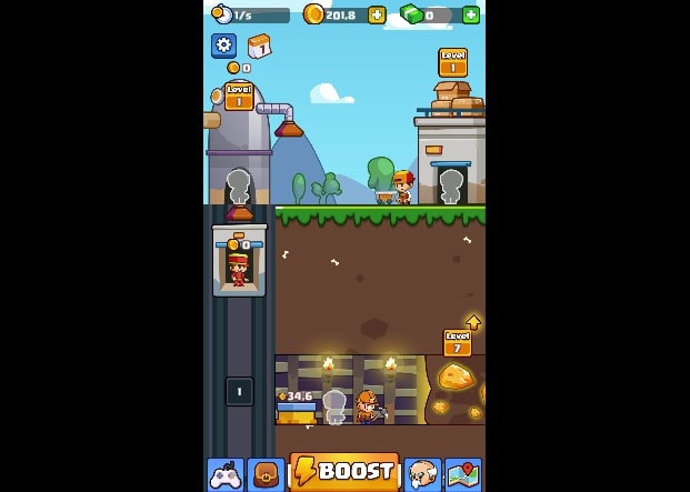 Players are trying to upgrade the underground mine to a higher level in Idle Gold Miner game at Yoplay.io