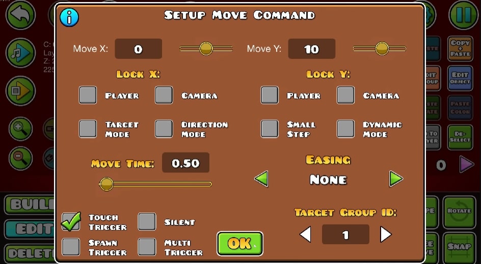 Menu setup command in Geometry dash game at Yoplay.io