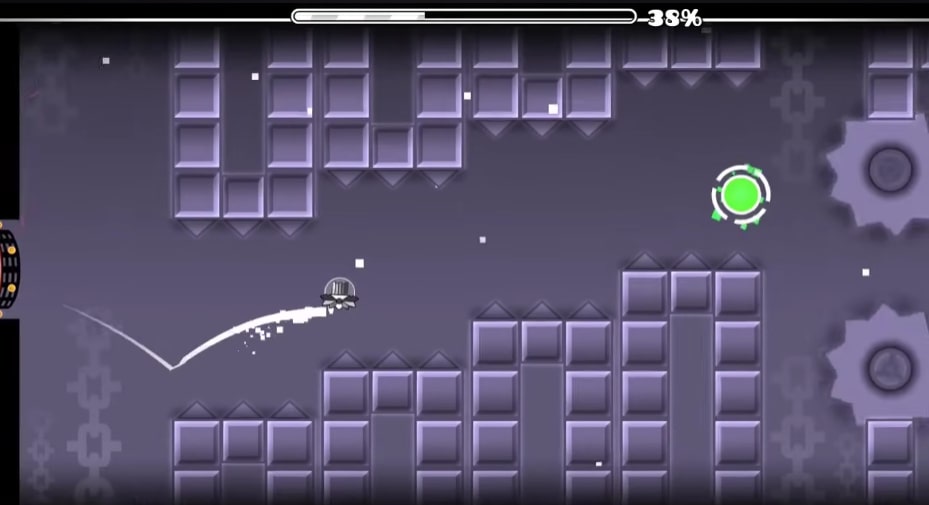 The scene shows players using a spaceship to overcome obstacles in X level - geometry dash game at Yoplay.io.
