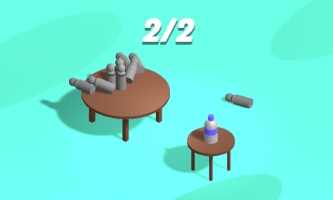 The player's second turn is to knock over the two remaining Bowlings on the table in Bottle Jump game at Yoplay.io