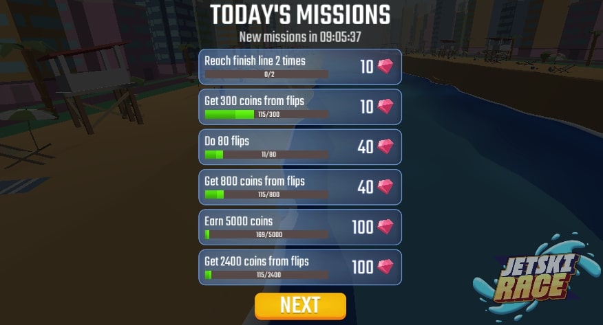 Today's Missions in Jetski Race game on Yoplay