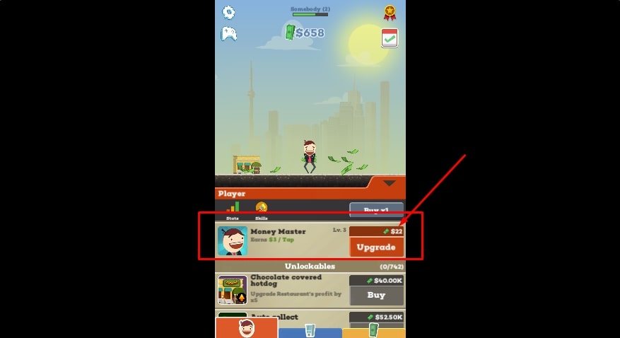 Use the money you earn to upgrade our character and make money faster! - Tap Rich Idle - Yoplay.io