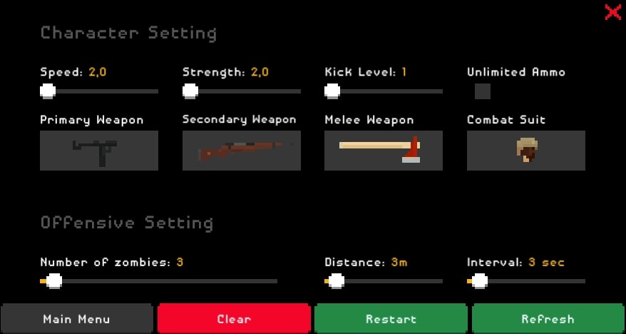 When starting your level, pause and go to Character Settings to choose your character's weapons and helmet in the Undead Invasion game at Yoplay.io.